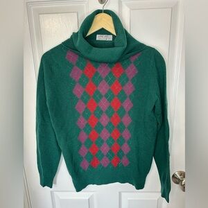 Vintage Jaeger Argyle 100% Lambswool Turtleneck Sweater Womens Size 6-8 Green